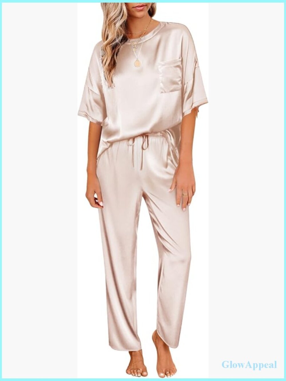 Satin Silky Pajama Set Short Sleeve Top with Long Pants Soft Loungewear